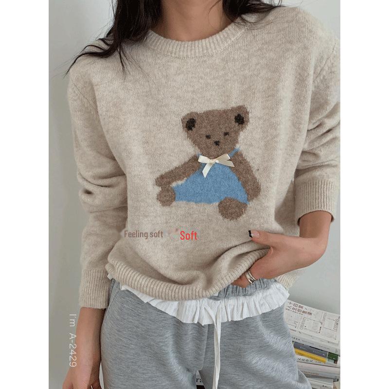 2024 Cute Teddy Bear Round Neck Pullover Sweater