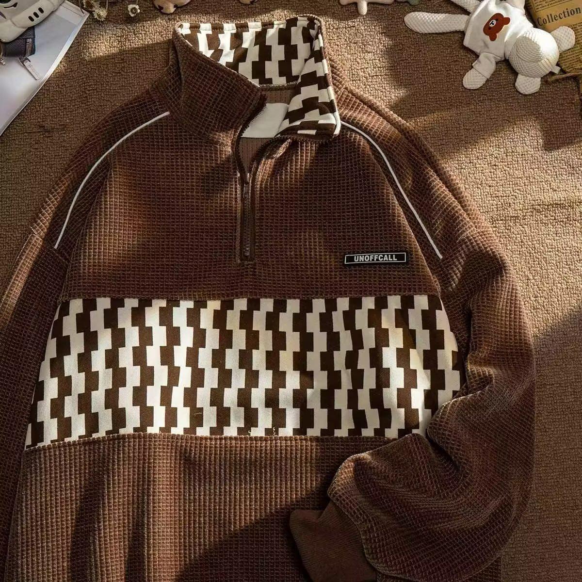 

Унисекс ретро клетчатый поло свитшот на молнии - американский стиль, свободный крой, осень XL