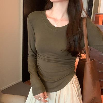 Designed V-neck Collarbone Exposed Pleated Waist Long-sleeved T-shirt Women's Autumn New Solid Color Bottoming Shirt Top