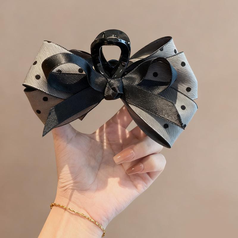 Korean Polka Dot Grey Bow Claw Clip: Stylish High-End Hair Accessory for Ponytails & Buns