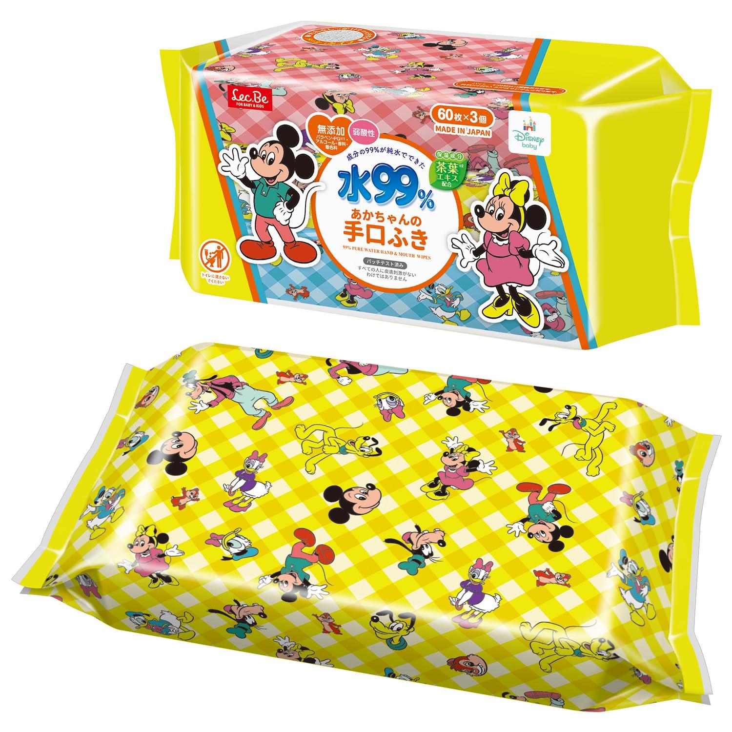 

LEC Disney Pure Water Hand 60 sheets x 3 packs Mildly Contains Moisturizing Ingredients Leaf Made in No Additives Propylene or 99% Wipes, (Mickey & белый