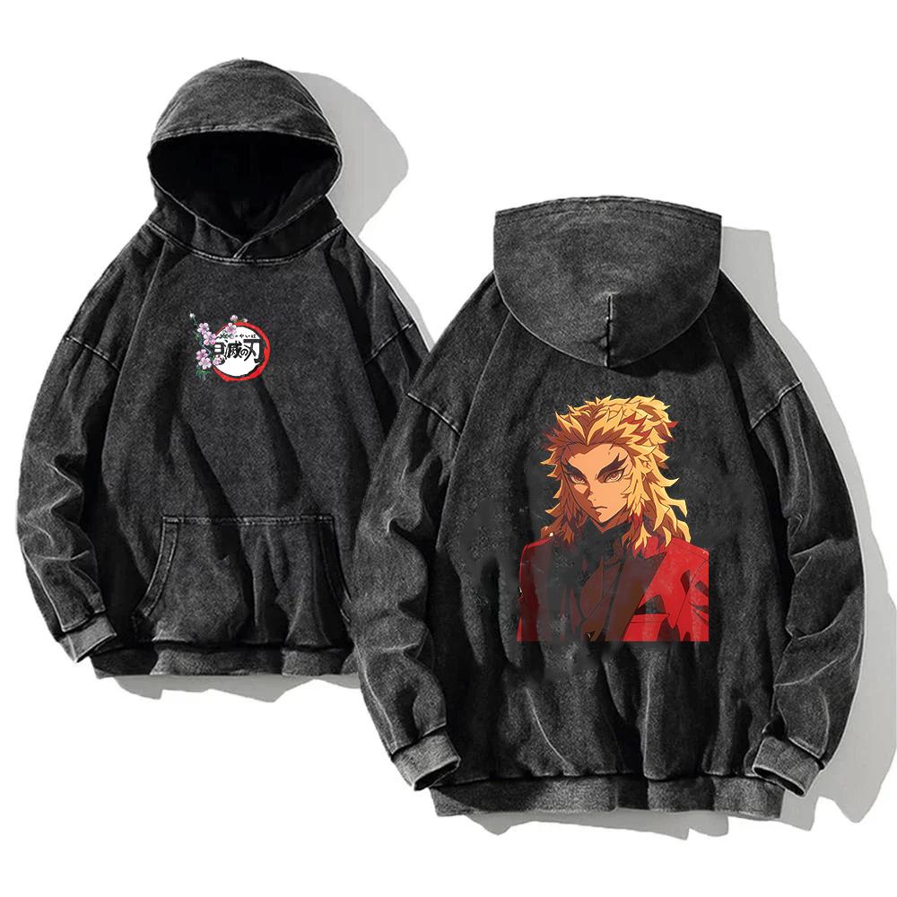 

Rengoku Kyoujurou Print Hooded Demon Slayer Sweatshirt Men Women Vintage Washed Hoodies Manga Cotton Streetwear Casual Clothing XXL чёрный