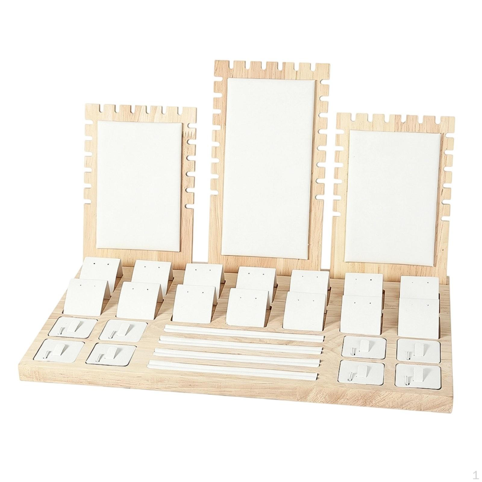 Wood Jewelry Display Rack MultiSection Band and Earring Stand SuedeLike White Leather SET