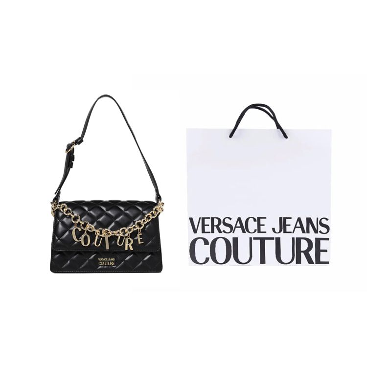 Versace Jeans Couture Vintage Quilted Chain Letter Logo Pendant Tote Shoulder Bag Women bags Black 73VA4BC4-ZS409-899