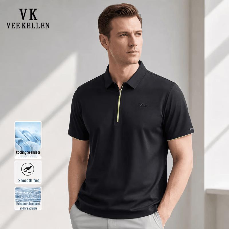 VEE KELLEN Men s Ice Silk Half-Zip Polo T-Shirt M
