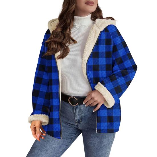 Women's Sherpa Plaid Shacket Long Sleeve Fleece Lined Jacket Oversized Warm Zip Up Hooded Coat Winter Outerwear