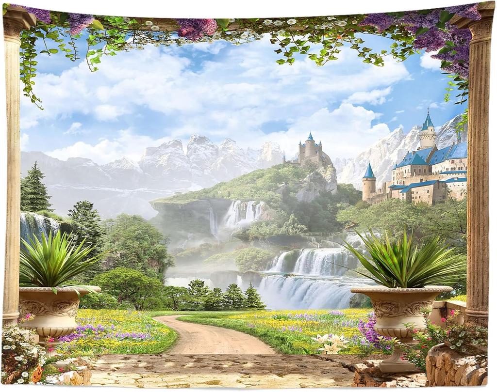 European Palace Garden Tapestry Hanging Fairy Castle Mountain Waterfalls Nature Tapestry Vintage Columns Floral Arch Scenery