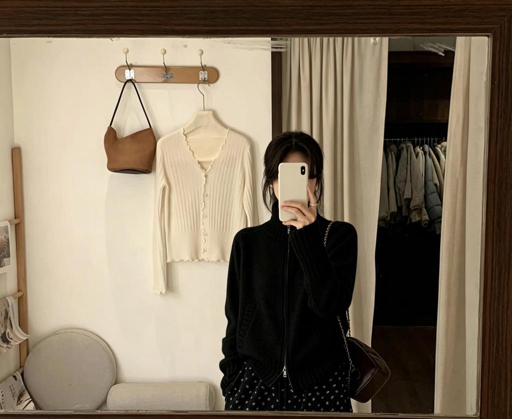 Women's Korean Stand Collar Zipper Knit Cardigan - Autumn/Winter Solid Color Sweater Coat