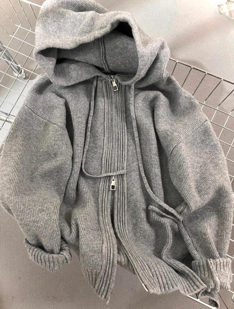 Damen Dicke Graue Strick Kapuzenpullover Jacke, Lockere Frühlingsoberbekleidung mit Doppelreißverschluss, Lässiger Stil.
