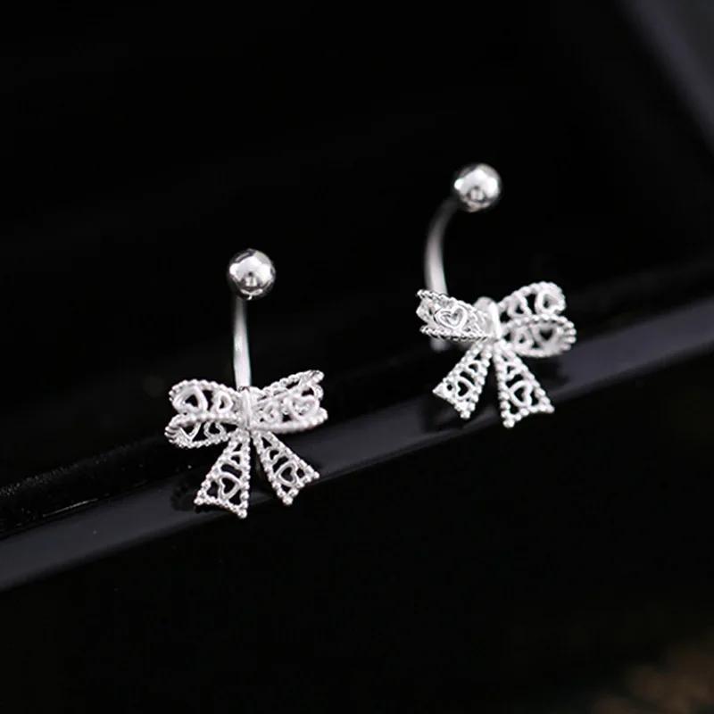 Pravé stříbro 925 Krajkový Srdce Dutý Mašlička Šroubovací Zapínání Piercing Stud Náušnice pro Ženy Jemné Šperky Minimalistické Doplňky