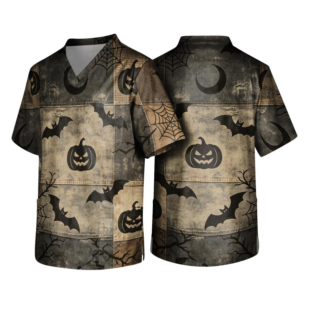 Herren Halloween Print Medizinische Kasack-Oberteil V-Ausschnitt mit Bindeband Taschen Bequeme Passform Tägliche Arbeitskleidung für medizinisches Fachpersonal