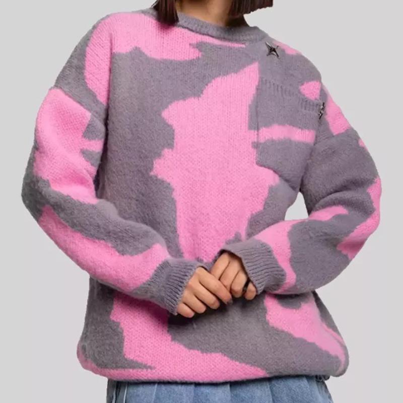 IHUASU Women's Clashing O-Neck Large Size Sweater Autumn and Winter Loose Trend Cross Border Knit Top