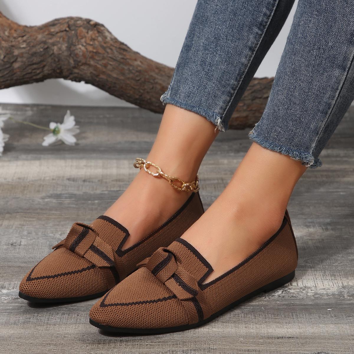 

Spring and summer large size fly-woven pointed flat-soled single shoes women s foreign trade one-pedal bow casual breathable single shoes 43 хаки