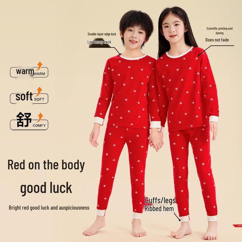 Children's Autumn/Winter Horse Year Red Long Johns Set - Pure Cotton Warm Pajamas