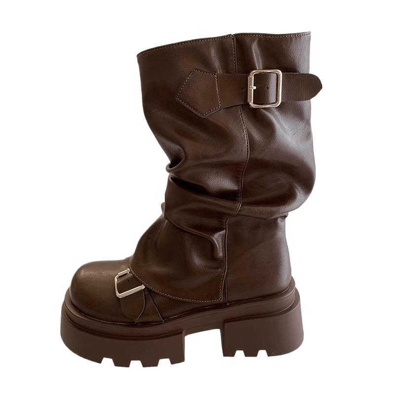Brown Versatile Thick-soled Heightening Martin Boots Women's 2025 New Spring and Autumn Winter Retro Maillard Medium Boots