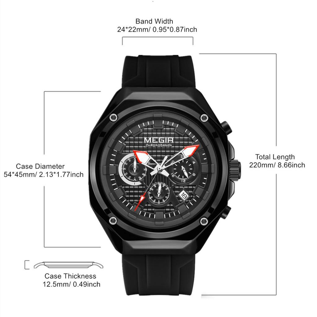 Megir Fashion Sport Watches for Men Silicone Strap Waterproof Military Quartz Chronograph Clock Man Wristwatch with Date 24-hour 8118