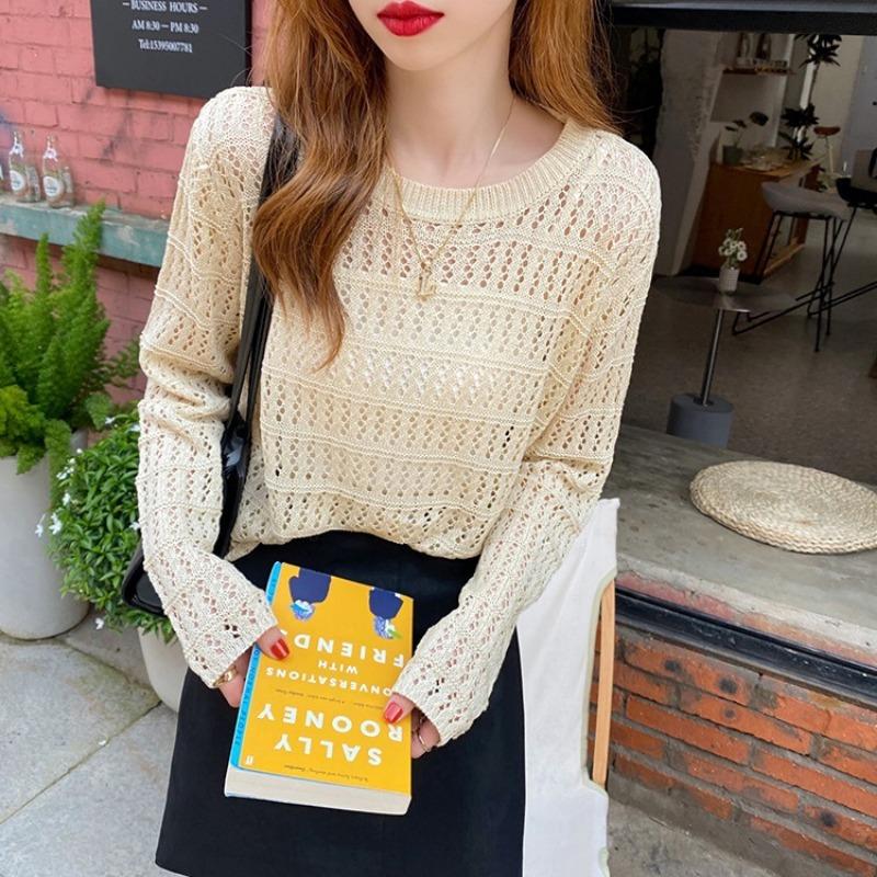 women hollow out knit sweater round neck long sleeve casual loose fit lightweight top