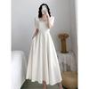 White Hepburn-Inspired Bubble Sleeve Square Neck Summer Dress for Women