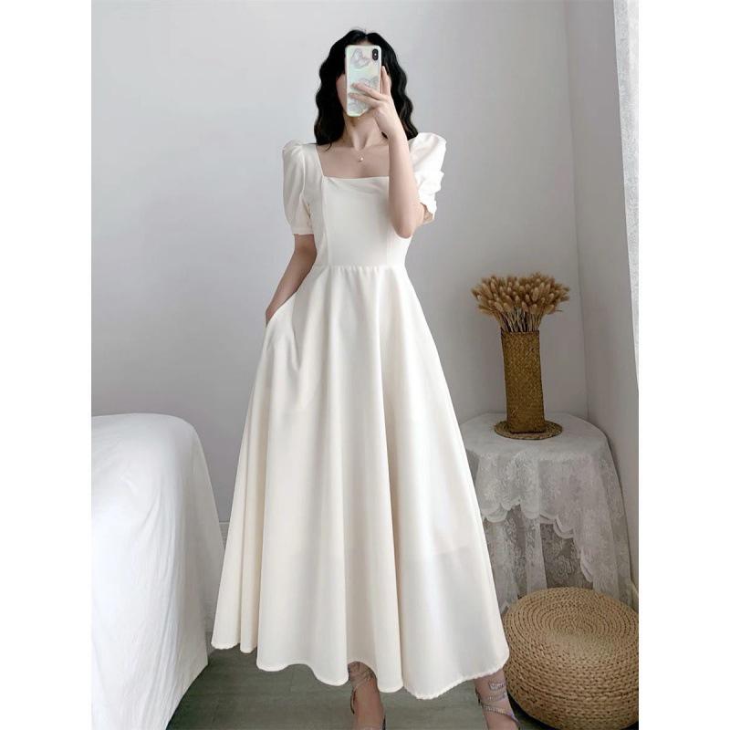 White Hepburn-Inspired Bubble Sleeve Square Neck Summer Dress for Women
