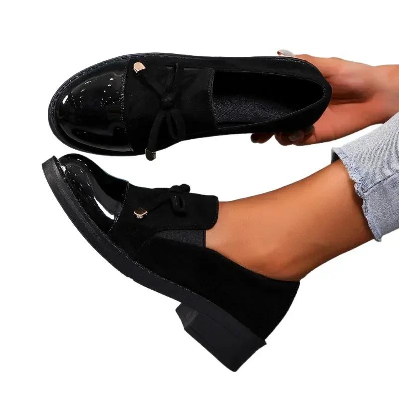 Fashion Spring Women's Med Heels Shoes Casual Slip-on Round Toe Loafers Ladies Office Pumps Ladies Fashion Bow Square Heel Shoes Women