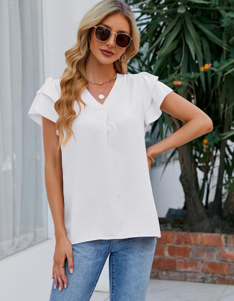 Summer V Neck Ruffle Chiffon Blouse Women Short Sleeve Office Casual Top Shirts