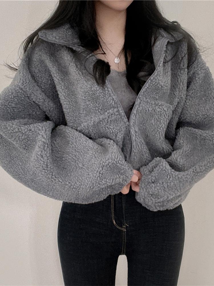 Dámská bunda z jehněčí vlny se stojáčkem a fleecovou podšívkou - Volný střih, Silná, Zapínací svetr na podzim/zimu 2025