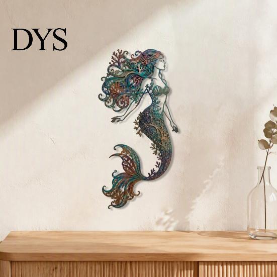 Beach House Wall Accents Metal Mermaid Decoration, Three-dimensional Hollow Iron Art Vintage Style Ocean Decor Sculpture, Retro Hanging Figures