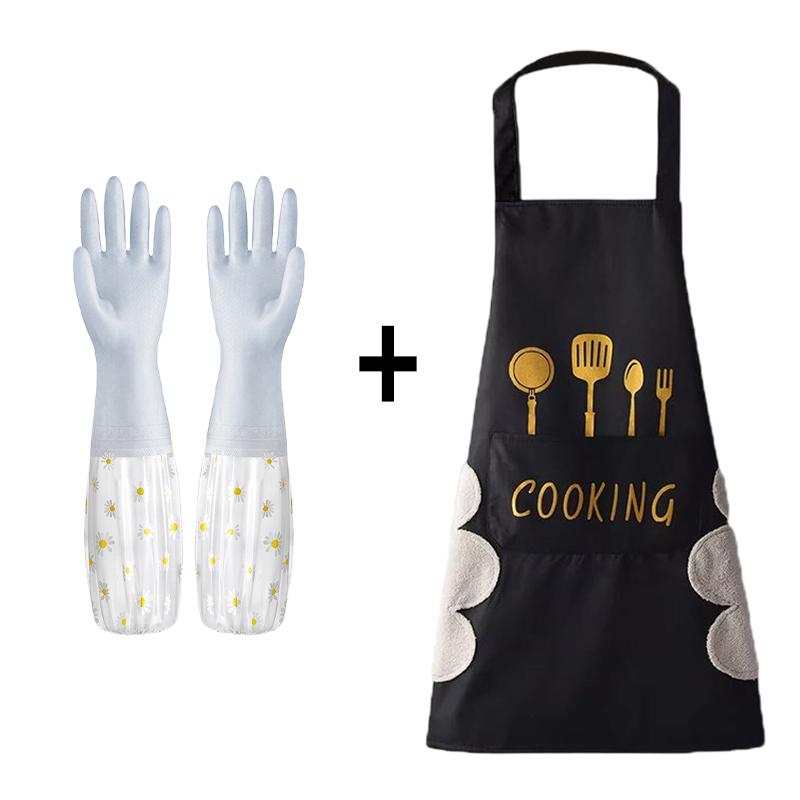 Waterproof Housework Cleaning Gloves and Can Wipe Hands Apron Set Kitchen Cleaning Latex Winter Warm Dishwashing Laundry Gloves