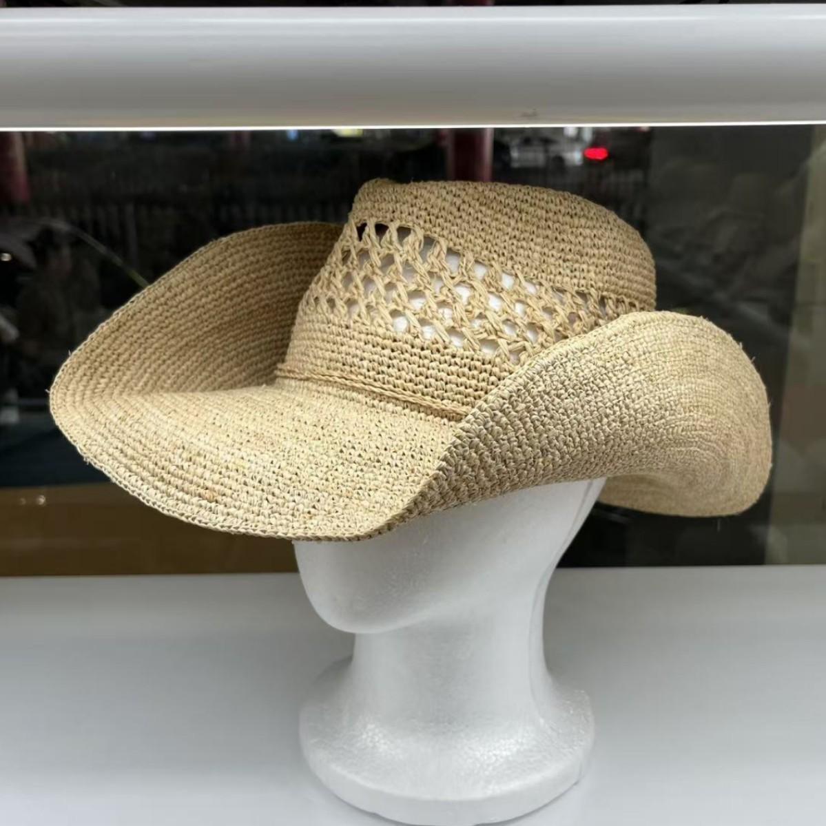 

Natural raffia hollow woven hat women s summer vacation big eaves sun protection hat retro western denim sun hat M（55-58cm）