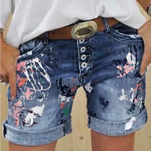 Summer Women's Fashion Tie Dye Print Denim Shorts Casual  Holes Rolled Up Jean Shorts