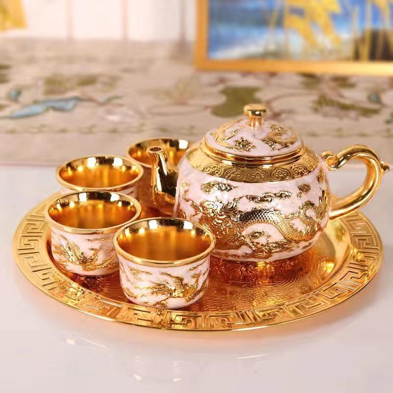 Dragon & Phoenix Sterling Silver Tea & Wine Set: 1 Plate, 1 Pot, 4 Cups in Chinese Gift Box