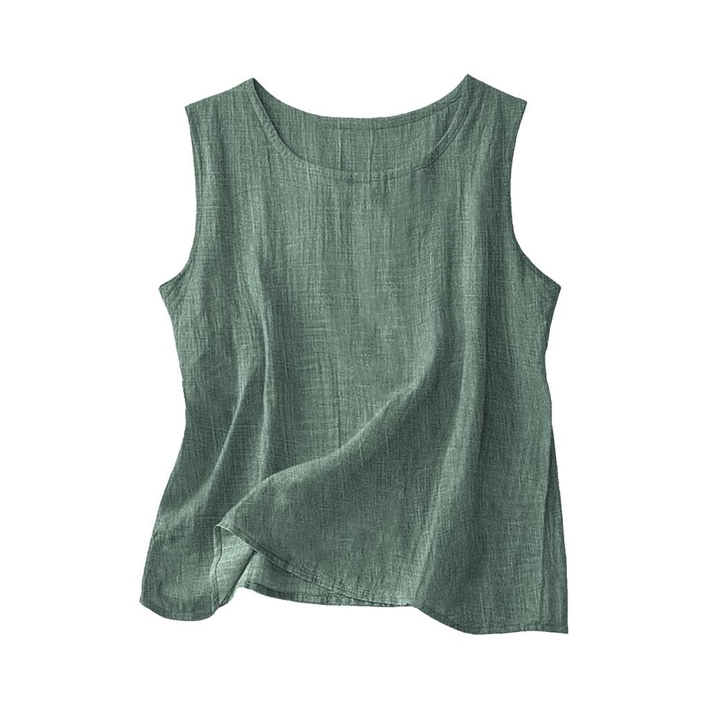 Damen ärmelloses Tanktop atmungsaktive Leinenmischung lockere Passform Basic Rundhalsausschnitt leichtes Freizeitshirt für Frühling Sommer