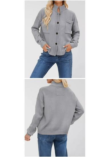Women's Plus Size Solid Color Knitwear Cardigan with Stand-up Collar - New 2026 Collection