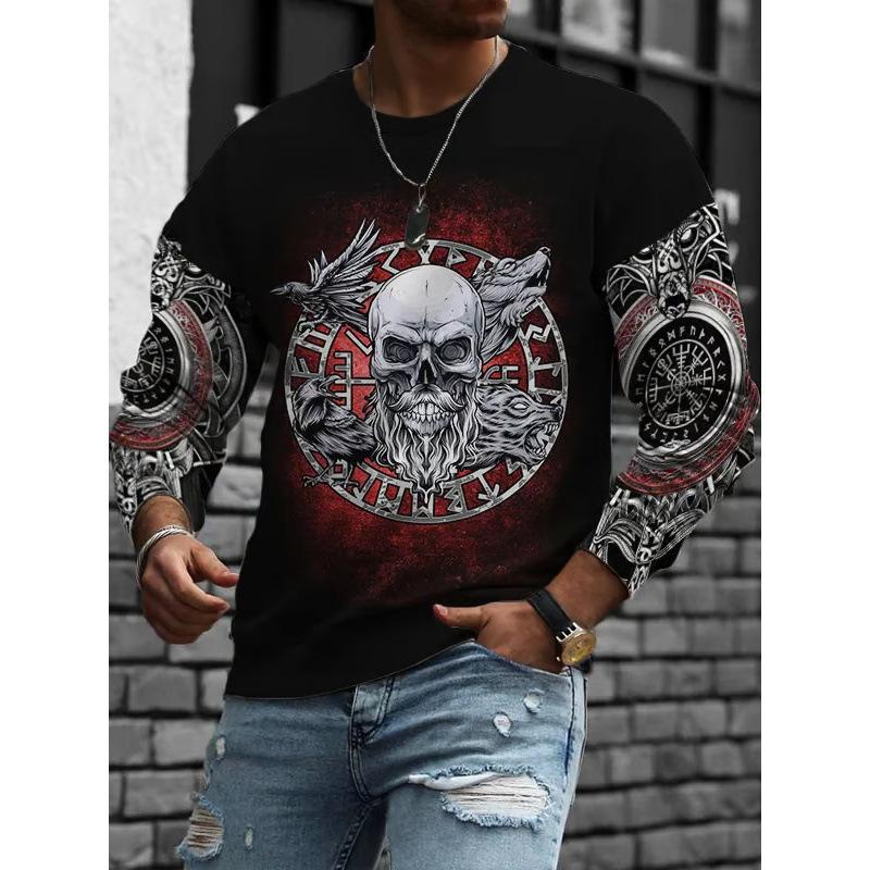 Rundhals 3D Schädelmuster Oberteil Lässige Langarm Herren T-Shirts - Weicher Mittlerer Stretch Polyesterstoff Frühling und Herbst Relaxed Fit Kleidung