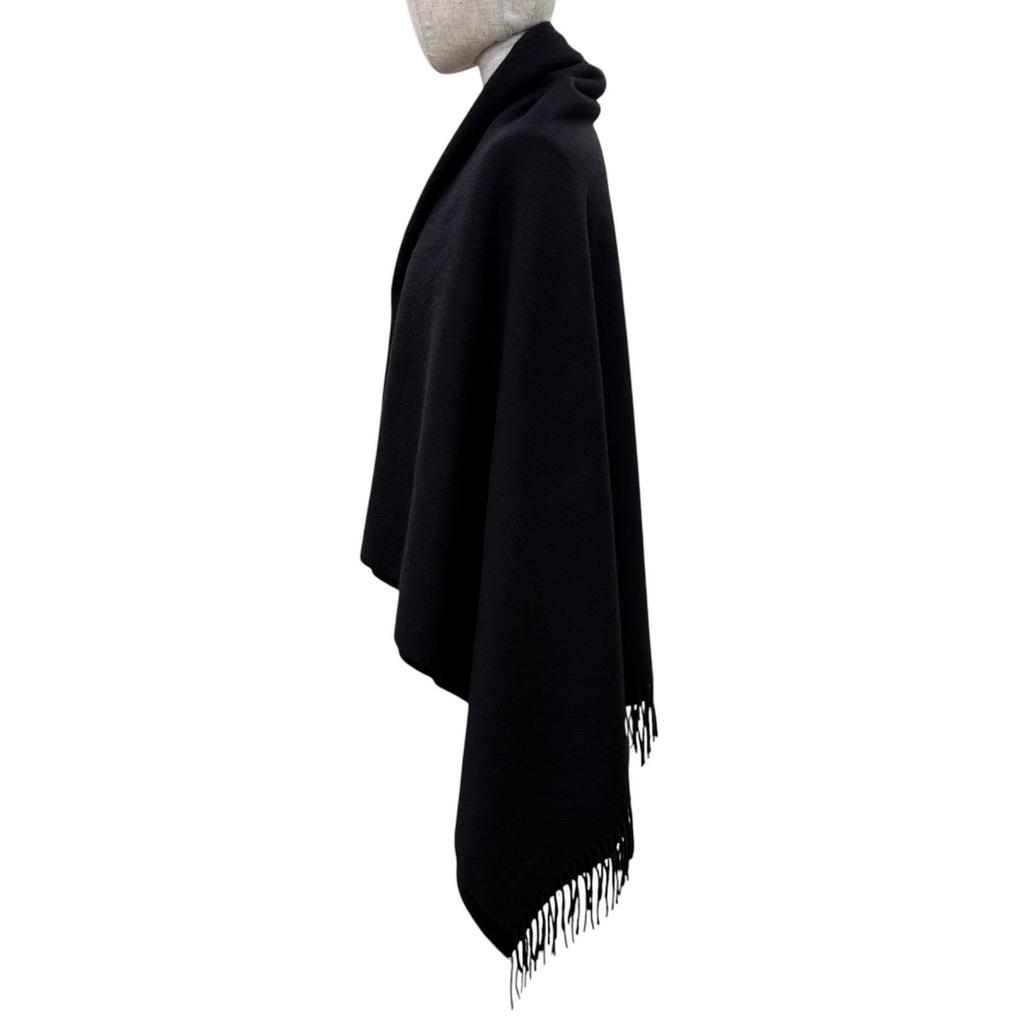 Very Good HERMES Logo embroidered, fringed, extra-large stole, black cashmer Used