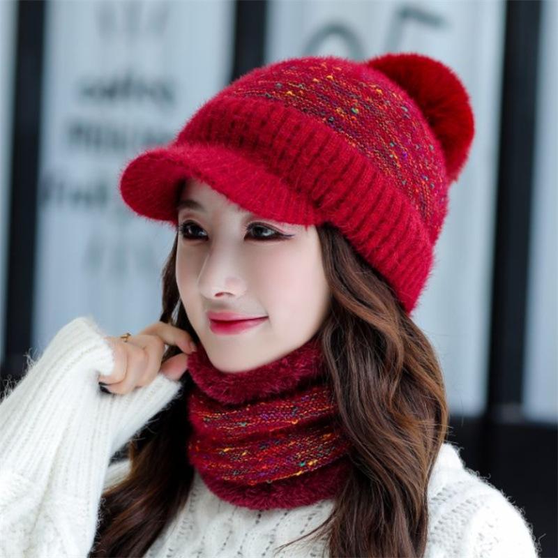 Female winter personalized hat scarf two-piece set fashionable hairball warm and comfortable round hat top adult knitted hat