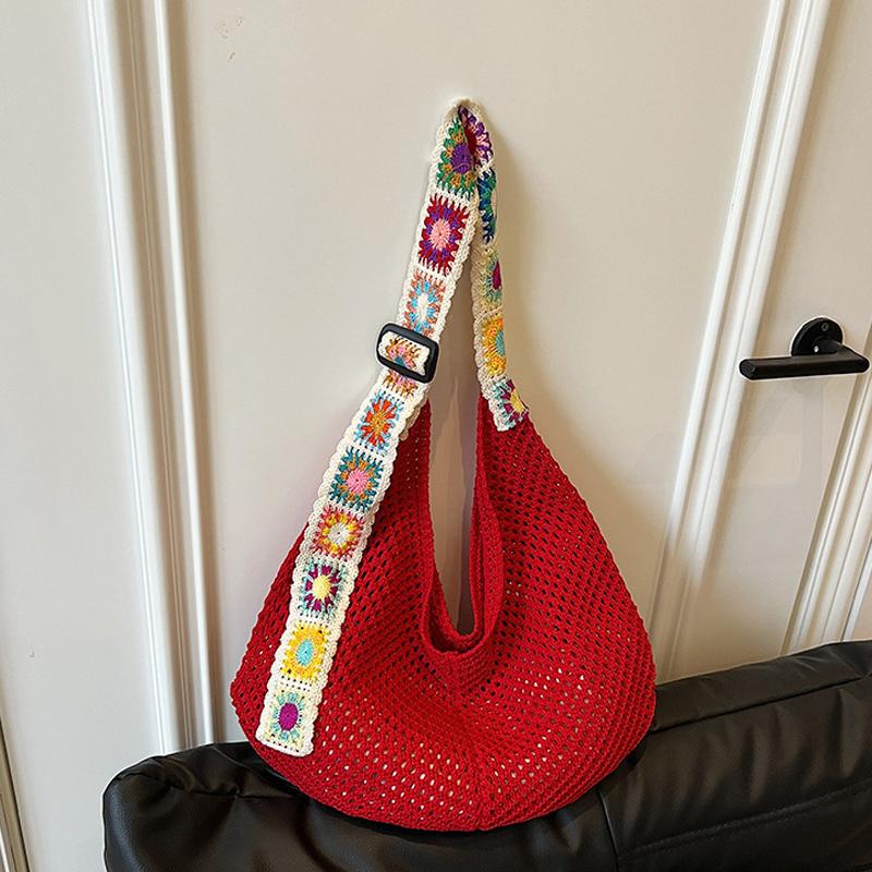 Large Capacity Crochet Tote Bag Ethnic Style Hollow Out Woven Bag Embroidered Strap Knitting Handbag For Female Travel AVE