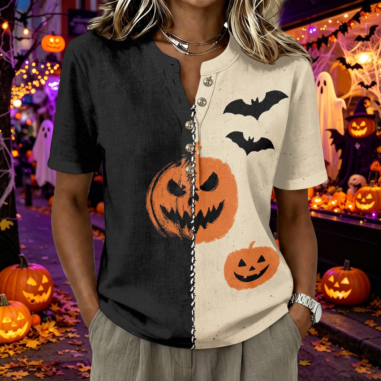 Women s Short Sleeve Button Down Shirt, Halloween Print, Cotton Linen , Casual Summer Top L