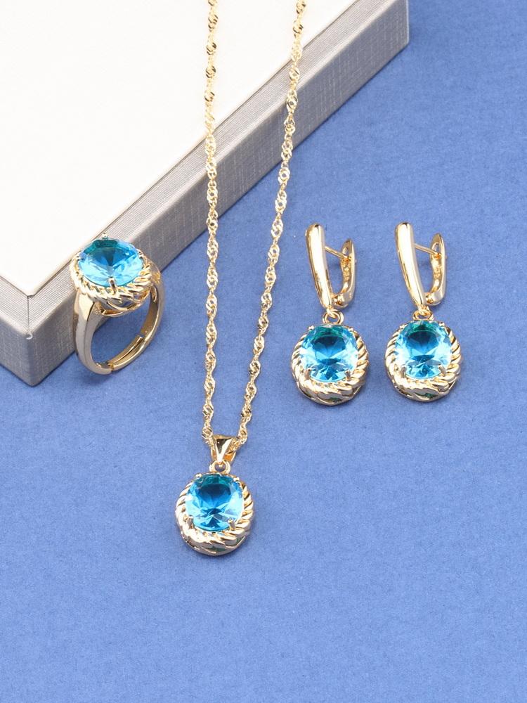 Romantic Wedding Fashion Women Accessories Necklace And Earrings Ring Colorful Zircon Sets  Gold Plated Jewelry For You Gift