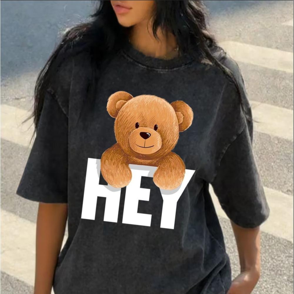 Washed Cotton Cute Teddy Bear Print T-Shirt Casual Cartoon Bear Graphic Tee Loose Short Sleeve for Daily