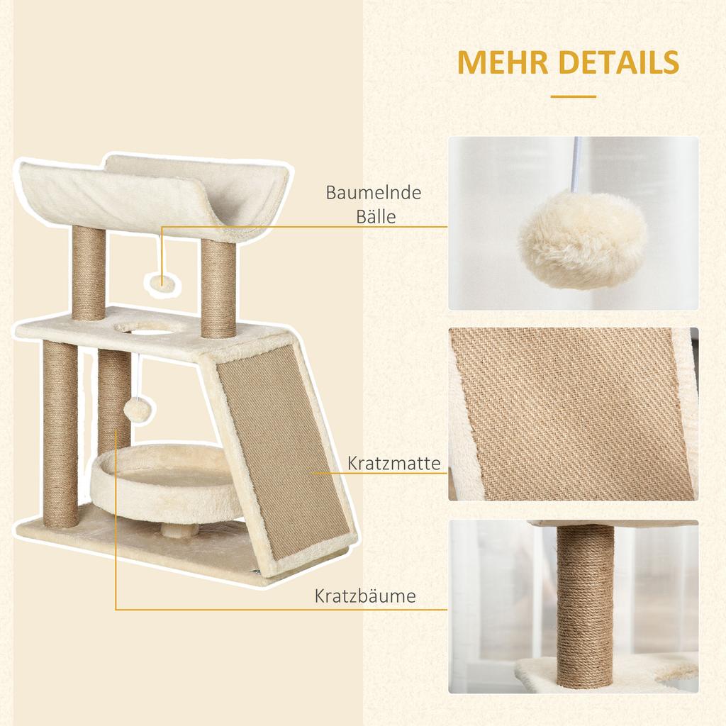 Cat Tree Tower, with Scratching Posts, Pad, Bed, Perch, Toy Ball - Light Brown