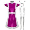 Womens Alien Cosplay Costume Space Fighter Design Metallic Shiny Dress Hair Hoop Long Gloves Stockings