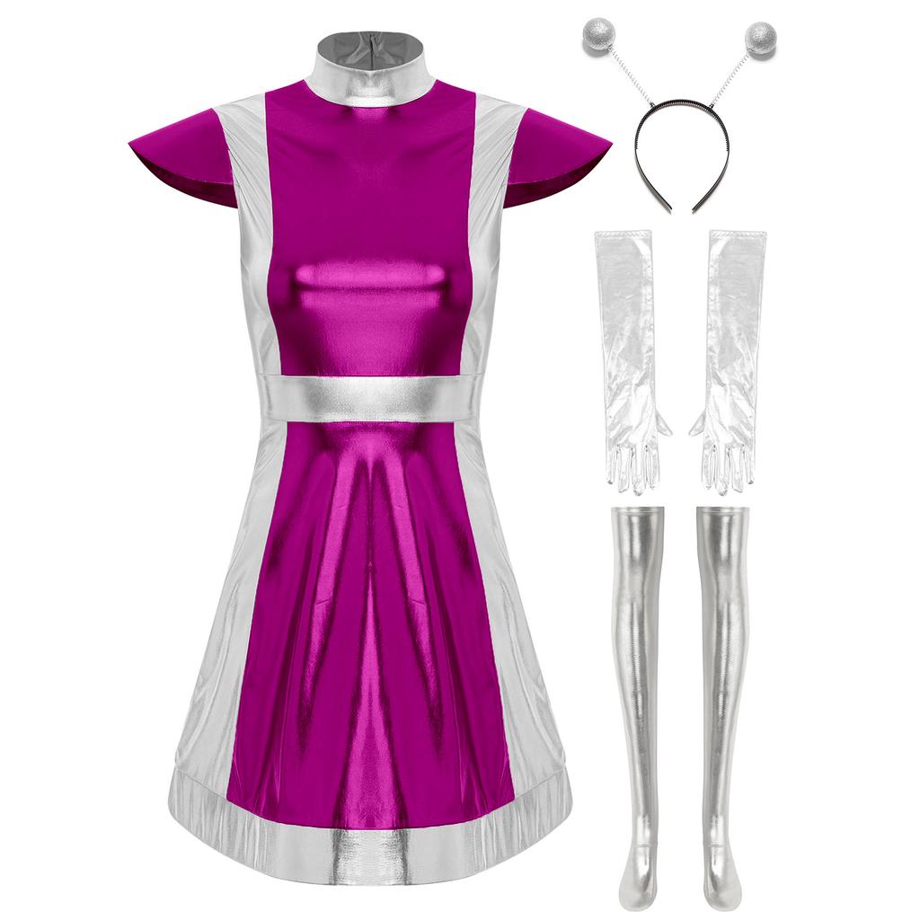 Womens Alien Cosplay Costume Space Fighter Design Metallic Shiny Dress Hair Hoop Long Gloves Stockings