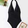 Sexy V Neck Halter Lace Up Pleated Slim Waist Bikini Swimsuit For Beach