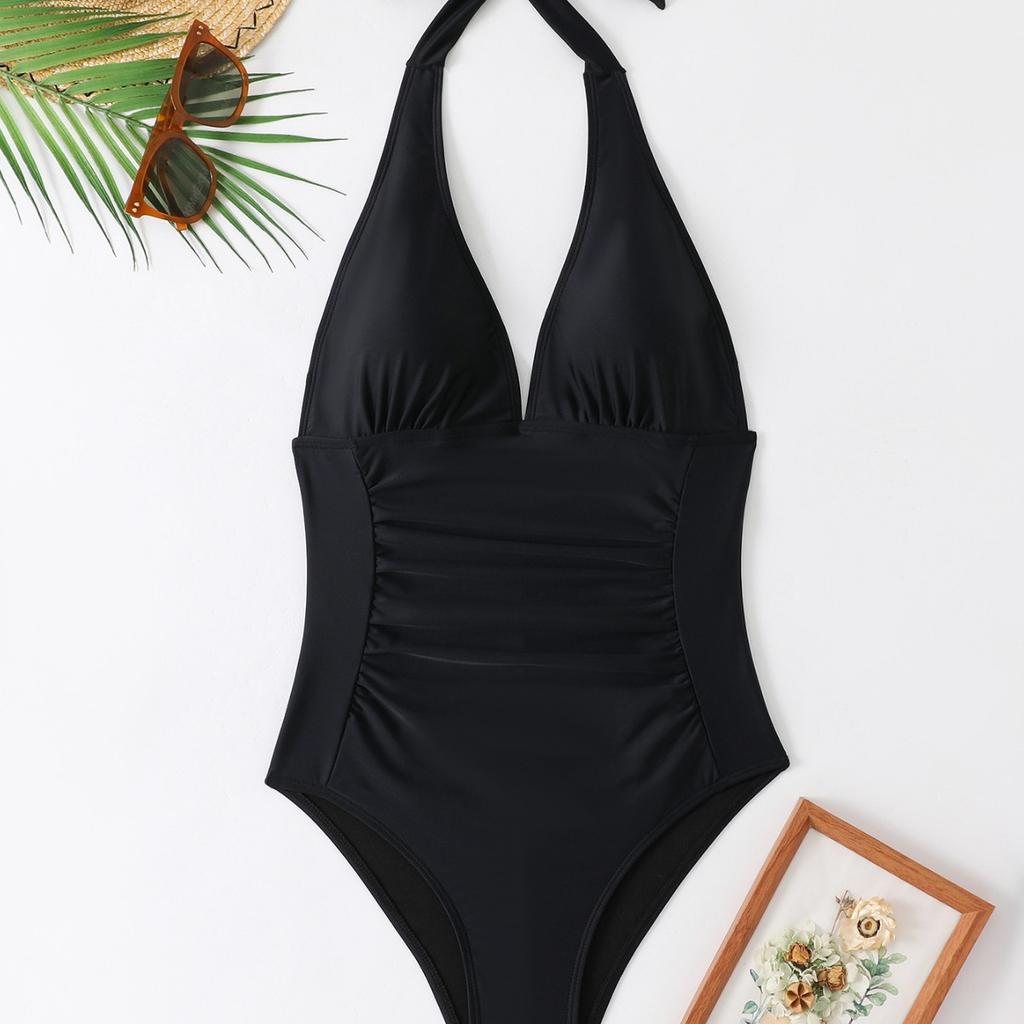Sexy V Neck Halter Lace Up Pleated Slim Waist Bikini Swimsuit For Beach