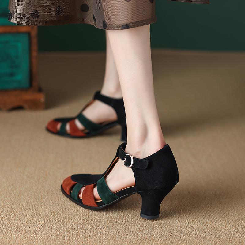 Fashion 2025 Summer Women Shoes Sheep Suede Chunky Heel Women Sandals Genuine Leather Shoes for Women Sandals Retro High Heel Roman Shoe