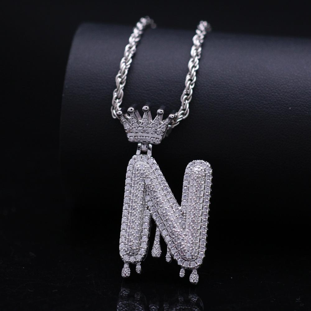 Stylish Hip Hop Zircon Crown Pendant Necklace with 26 English Letters for Women