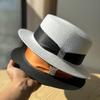 Female Elegant Top Hat French Big Head Circumference Hat Flat Top Straw Hat Seaside Vacation Sun Hat