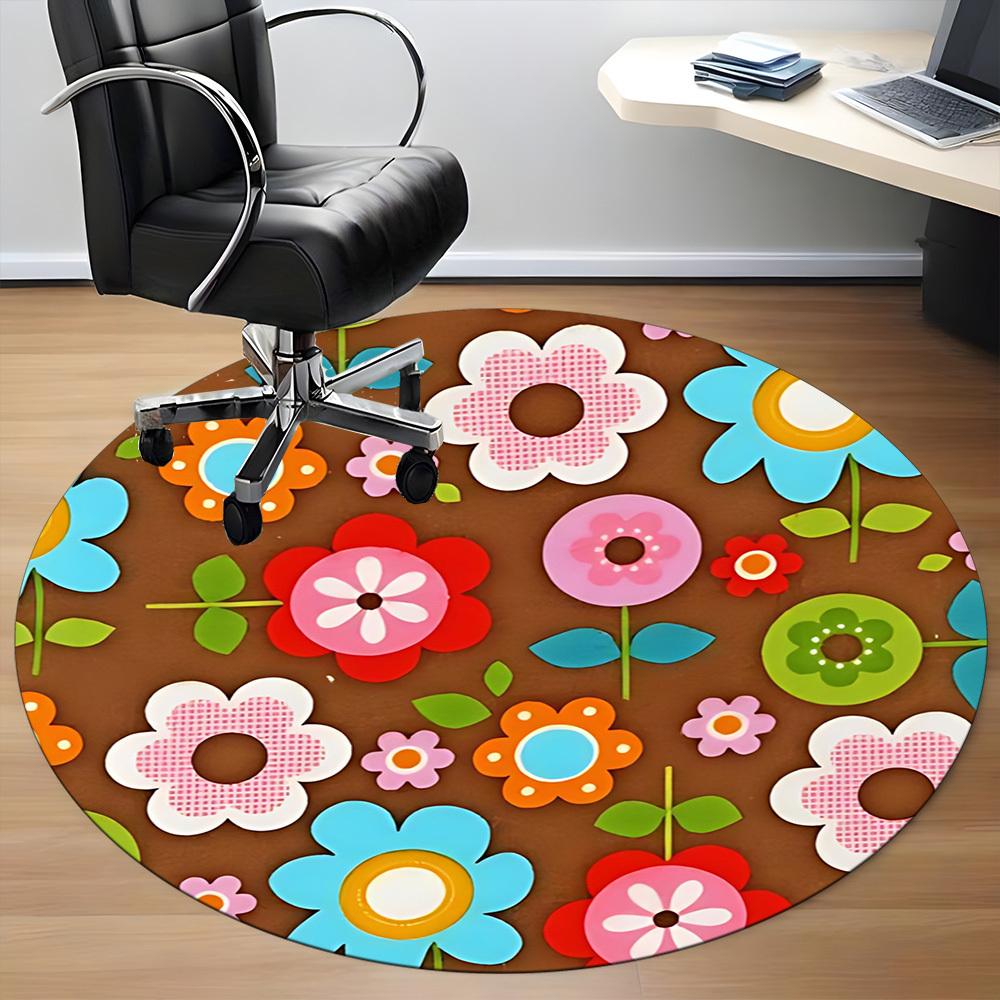 1pc Floral Pattern Chair Carpet for Office, Round Polyester Mat, Indoor Decor for Office, Easycare Fabric, Washable Non-slip Area Carpet