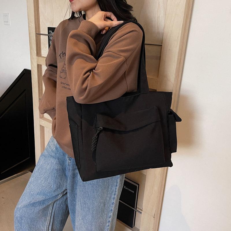 Solid Color Commuter Canvas Bag New Student Class Large Capacity Shoulder Bag Niche Trendy Tote Bag